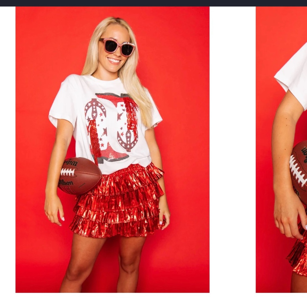 Queen of Sparkles Red and White Fringe Boot Tee